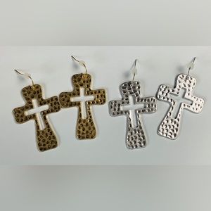 Cross earrings, Hammered metal,Jewelry Mom Gift,Religious, Baptism, Confirmation